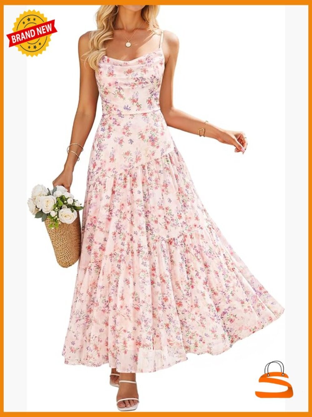 Sleeveless Floral Maxi Dress with Cowl Neck Spaghetti Strap